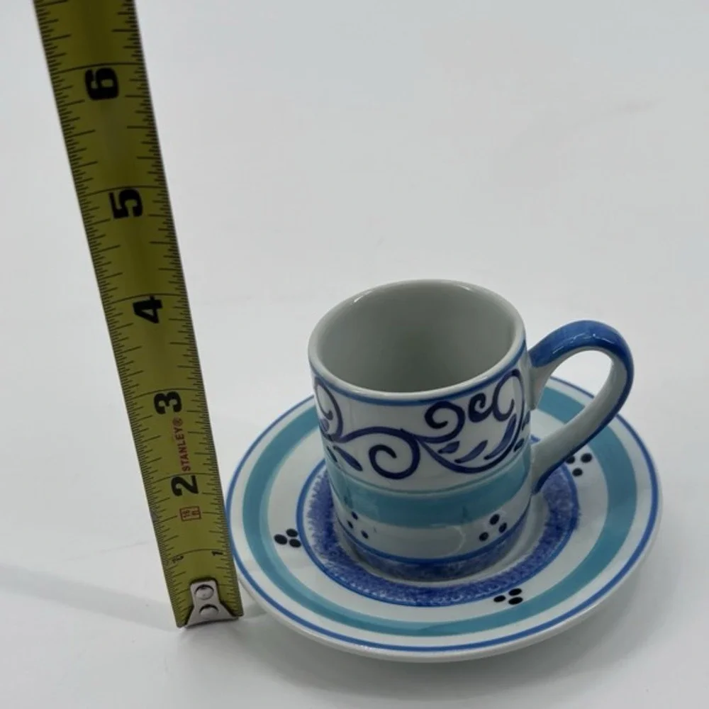 Vintage Herman Dodge Hand Painted Espresso‎ Cup & Saucer Blue Turquoise Thailand